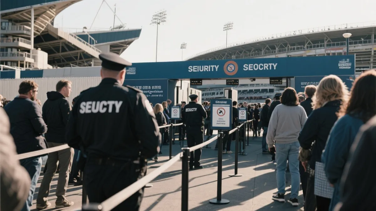 体育场入口安检与排队秩序，球迷轻装入场的场景